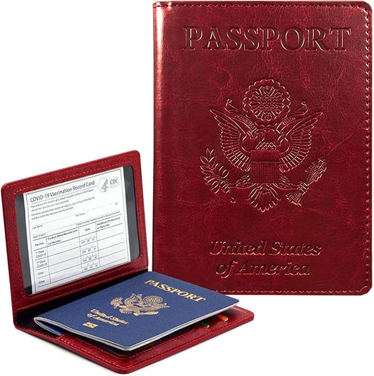 Passport Holder Cover Wallet Case RFID Blocking Leather Card Slot Travel Accessories Documents Organizer Protector for Women Men, Wine Red