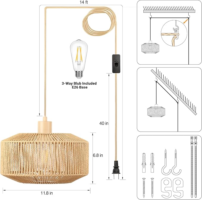 Qingmiao Boho Plug in Pendant Light, Handwoven Shade, 3 Way Bulb, 14ft Cord | Rattan Hanging Lamp Plug in, Dimmable Hanging Light Fixture for Living Room Bedroom Kitchen Ceiling Farmhouse Home Decor
