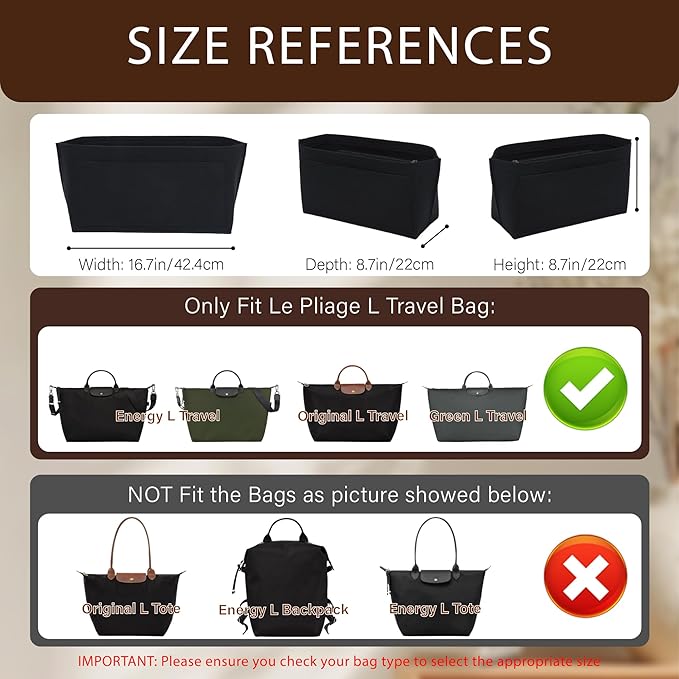 Premium Felt Purse Organizer Insert for Longchamp Le Pliage, Zipper Long Champ Bag Organizer Insert with Cup Holder, 9 Compartments