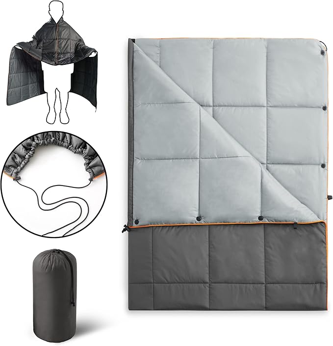 UNIKOME Waterproof Puffy Camping Blanket - Lightweight Packable Outdoor Quilt with Snaps & Corner Loops, Warm Compact Blanket for Cold Weather Hiking Picnic Stadium Travel, 75"×52", Grey&Light Grey