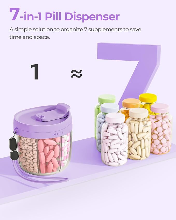 Cute Pill Dispenser with 7 Large Compartments, Portable Pill Bottle Organizer with Wide Opening for Easy Use, Anti-Mix Pill Organizer for Travel, BPA-Free Pill Container, Purple