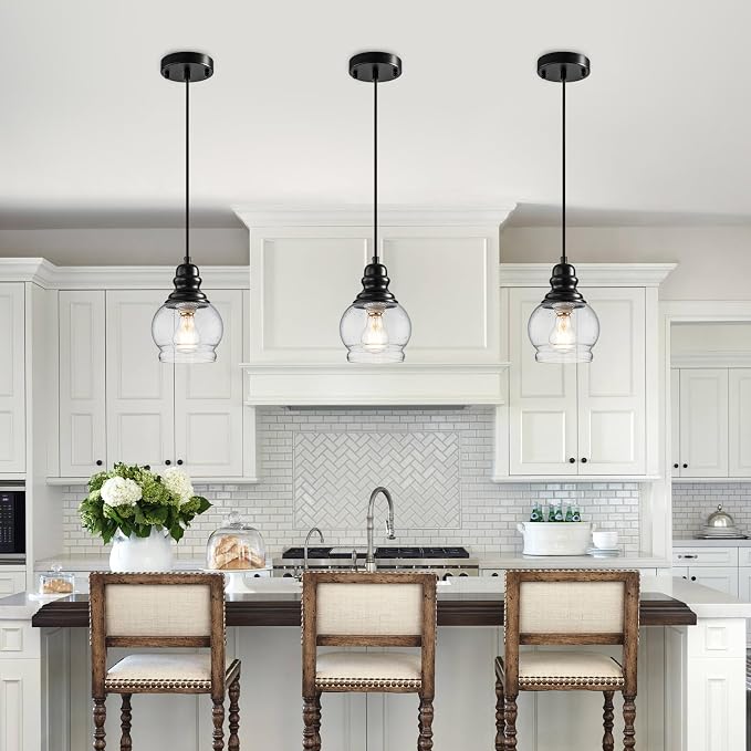 WILON 5.5 Inch Seeded Glass Mini Pendant Lights Kitchen Island | Industrial farmhouse pendant light with adjustable cord and E26 base Ideal for kitchen island, dining room and entryway