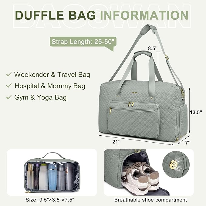 Large Weekender Travel Duffle Bag - With Shoe Compartment Weekender Bags for Womens Carry on Overnight Bag with Toiletry Bag Gym Duffel Bags with Wet Pocket Hospital Bags for Women Labor and Delivery