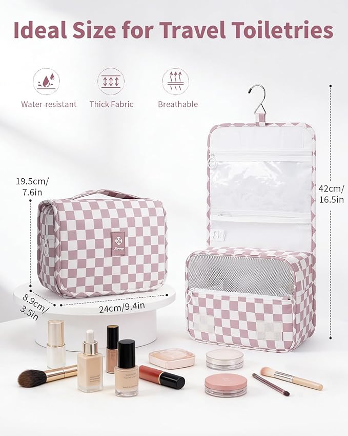 Narwey Small Hanging Travel Toiletry Bag for Traveling Women, Checkered Travel Bag for Toiletries, Makeup Bag Organizer Make Up Cosmetic Bags (Dusty Pink Checkerboard)