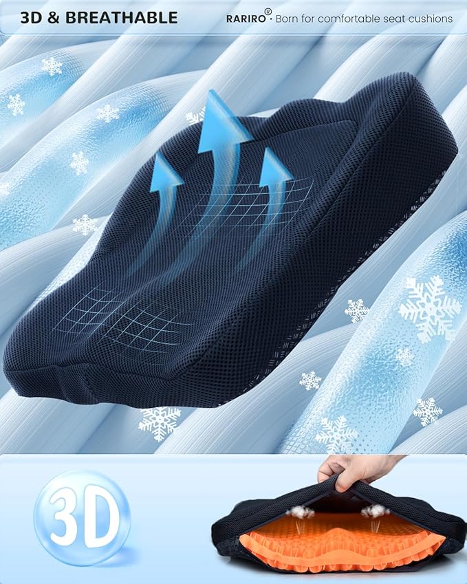 Thickened Gel Seat Cushion, Egg Gel Chair Pads for Wheelchair Pressure Coccyx Sciatica Pain Relief, Cooling Desk Seat Cushion for Kayak, Car, Office Chair Long Sitting[Orange-2.75"]