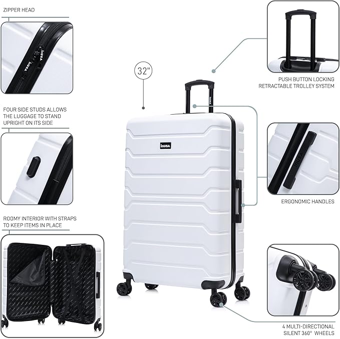 InUSA TREND Luggage with Spinner Wheels | Durable lightweight Hardside Suitcase, Travel Bag with Handle and Trolley | 32-inch Extra-Large Checked luggage | White