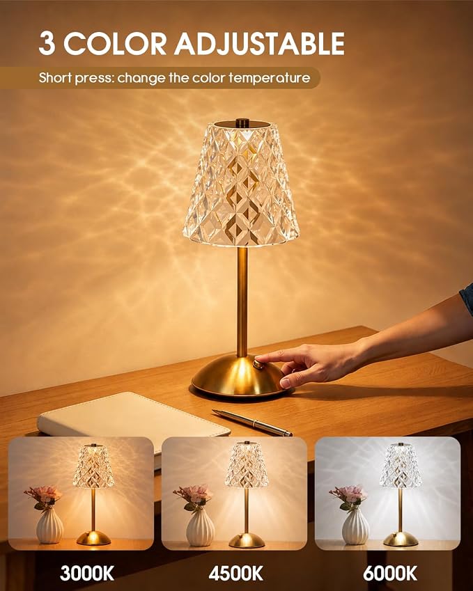 Nusogon Rechargeable Cordless Table Lamp, Gold Small Battery Powered Lamp | 3 Color Dimmable Small Bedside Lamp, LED Touch Lamp for Bedroom Restaurant Kitchen Home Decor