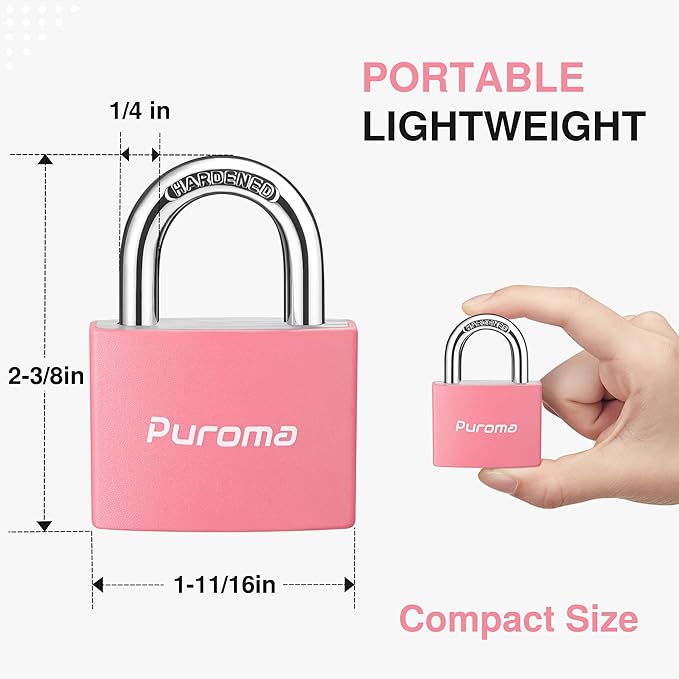 Puroma Lock Keyed Padlock, 2 Pack Aluminum Locks with 3 Keys Alike, 7/8 Inch Locker Lock 43mm Small Padlocks for Gate, Fence, Shed, Toolbox, School Gym Locker (Pink)