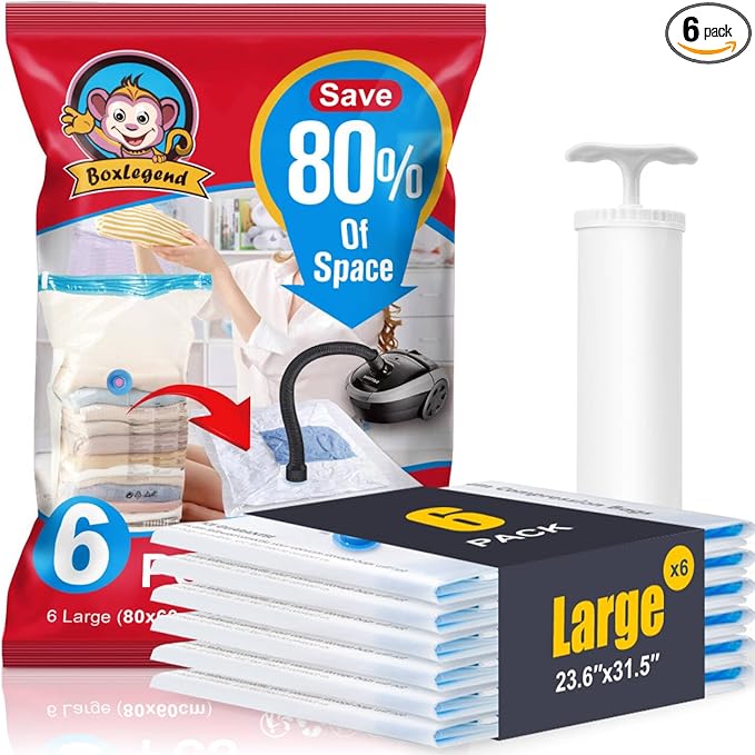 BoxLegend Vacuum Storage Bags with Hand Pump 6 Large 23.6’’x31.5’’ Thickened Vacuum Seal Bags for Clothing Coat Bedding Quilt Blanket Pillow Comforters