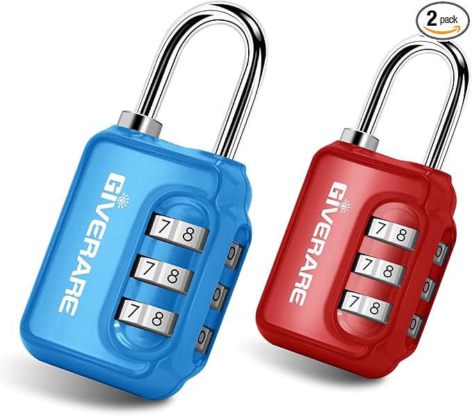 GIVERARE 2 Pack Combination Lock, 3-Digit Padlock Keyless, Resettable Luggage Locks for Backpack, Gym & School&Employee Locker,Weatherproof Travel Lock for Fence, Backyard Gate, Hasp, Case-Blue+Red