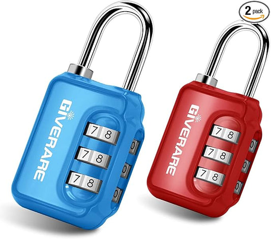 GIVERARE 2 Pack Combination Lock, 3-Digit Padlock Keyless, Resettable Luggage Locks for Backpack, Gym & School&Employee Locker,Weatherproof Travel Lock for Fence, Backyard Gate, Hasp, Case-Blue+Red