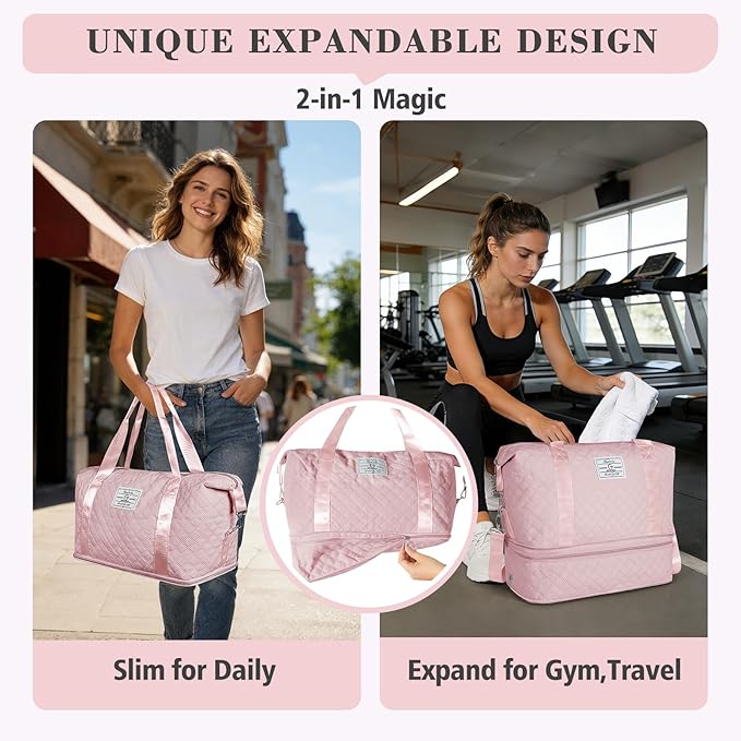 Geestock Travel Duffel Bag, Weekender Bags for Women, Carry on Overnight Bag with Shoe Compartment & Trolley Sleeve, Personal Item Travel Bags with Storage Pouch for Travel, Yoga, Gym, Hospital, Pink