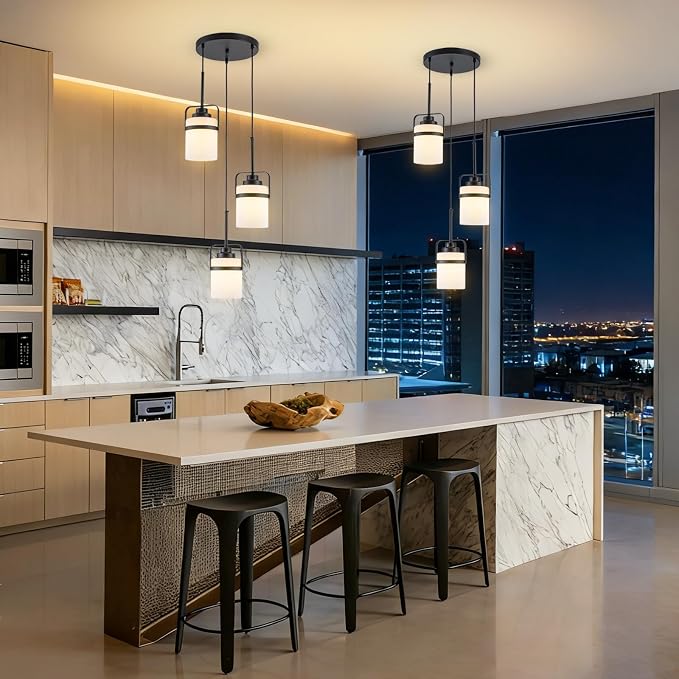 Black 3-Light Pendant Lighting, Adjustable Cluster Hanging Light Fixture with Milk Glass Shade, Modern Pendant Light for Kitchen Island Dining Room Bar