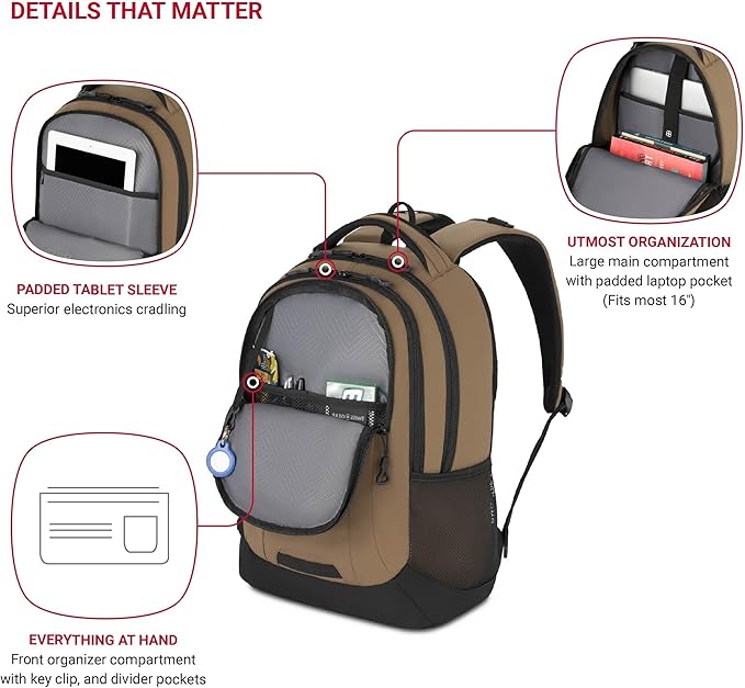 SWISSGEAR Cecil 18-Inch Laptop Backpack Fits 16-Inch Laptop, Travel Daypack with Organizer Pockets, Water Bottle Holders & Padded Straps – Pastel Brown/Black