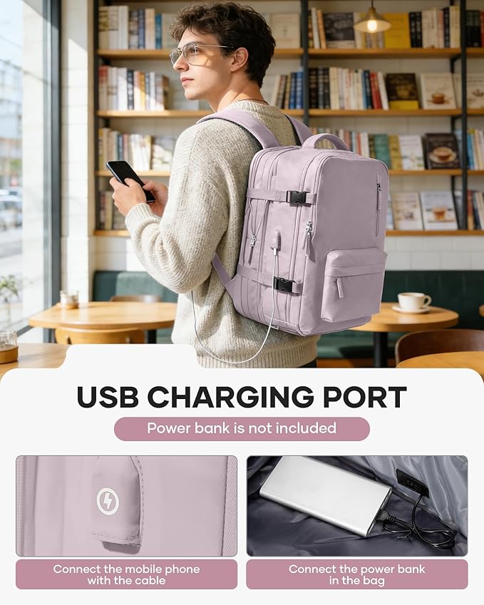 VECAVE Vacuum Backpack Travel with Pump, Expandable Personal Item Carry on Backpacks for Women Men, Laptop Waterproof Work Compression bags with USB Casual Daypack Pink