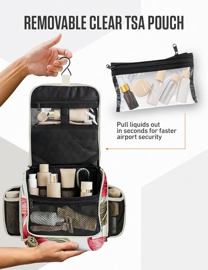 VENTURE 4TH Hanging Travel Toiletry Bag for Women & Men – Large Toiletry Organizer with 17 Compartments, Removable TSA Pouch, Travel Wash Bag for Toiletries, Makeup & Shaving Kit (Pink Flamingo)
