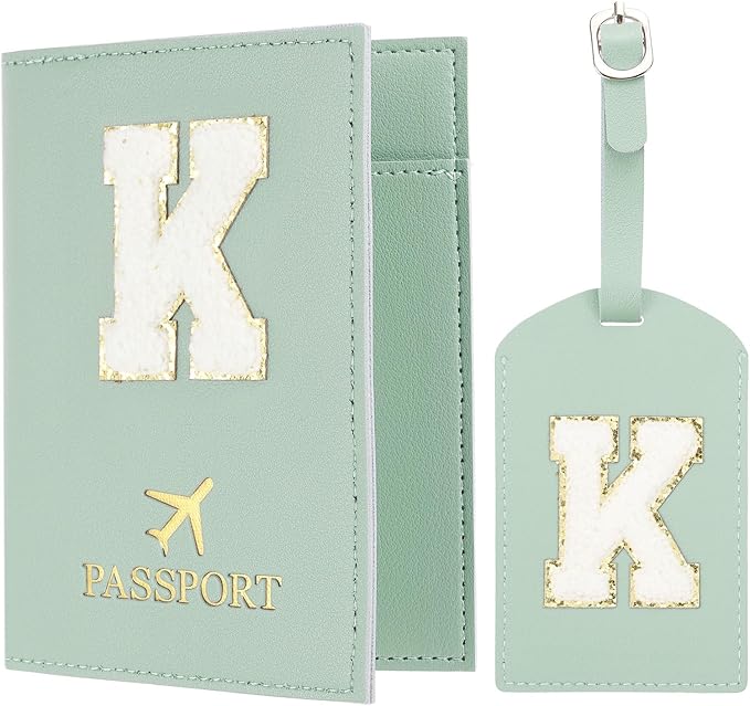 PATIKIL Passport Holder for Travel, Initial Passport Cover and Luggage Tag Set with Alphabet Chenille Letter Patch Travel Wallet Bag Suitcase Identifier for Women Family Travel Green K