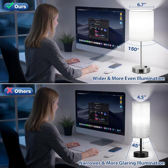 17.6" Silver Touch Lamps for Bedroom Set of 2, Dimmable, USB C+A, AC Outlet | Large 17.6" Tall Lamp, 3-Way Dimming, 5000K Daylight Bulbs, White Lampshade Silver Base, for Living Room, Boys, Men, Girls