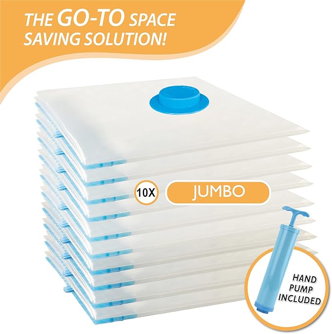 Cozy Essential Vacuum Storage Bags, 80% Compression Vacuum Seal Space Saver Plastic Packaging Bags for Clothes, Blankets, Pillow, Bedding, Comforters, Sealer Clothing Storage,10 Jumbo