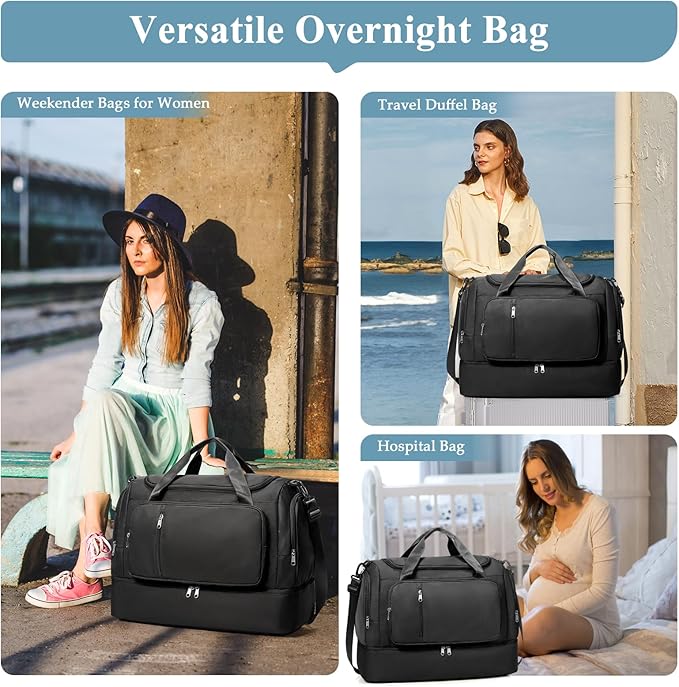 Travel Duffle Bag, Weekender Bags for Women,Overnight Weekend Carry On Personal Item Travel Bag with Shoes Compartment & Toiletry Bag,Black
