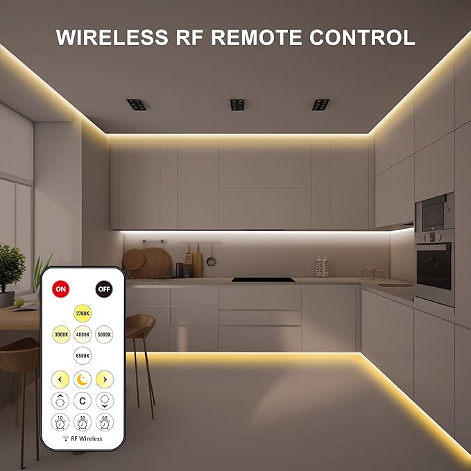 Tatazone 32.8ft Tunable White COB Led Strip Light with RF Remote, CRI93+ Dimmable CCT 2700K-6500K COB Led Tape Lights, Adhesive High 3PIN Dual Color Led Light Strip for Bedroom, Kitchen, Cabinet