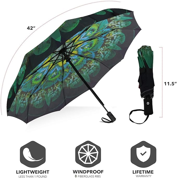 SIEPASA Windproof Travel Compact Umbrella-Automatic Umbrellas for Rain- Folding Umbrella, Travel Umbrella Compact, Small Portable Windproof Umbrellas for Men Women Teenage. (Green Peacock)