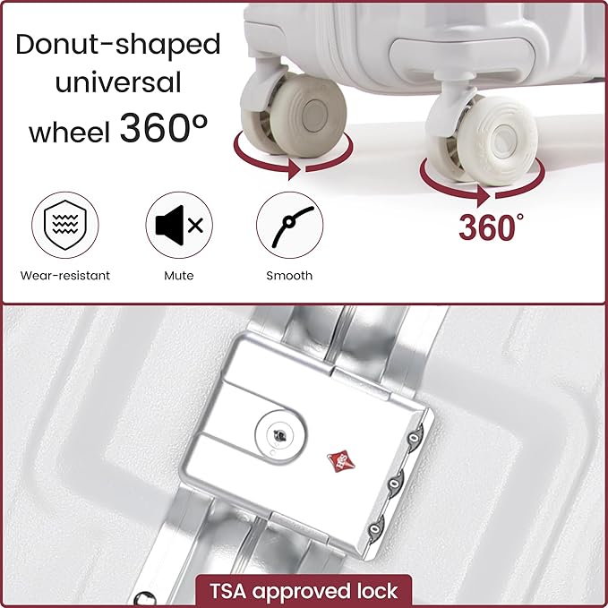20 Inch Carry On Luggage with Spinner Wheels,Aluminum Frame PC Hard Shell Suitcase with USB Port,Lightweight Travel Luggage Airline Approved for Men Women, White