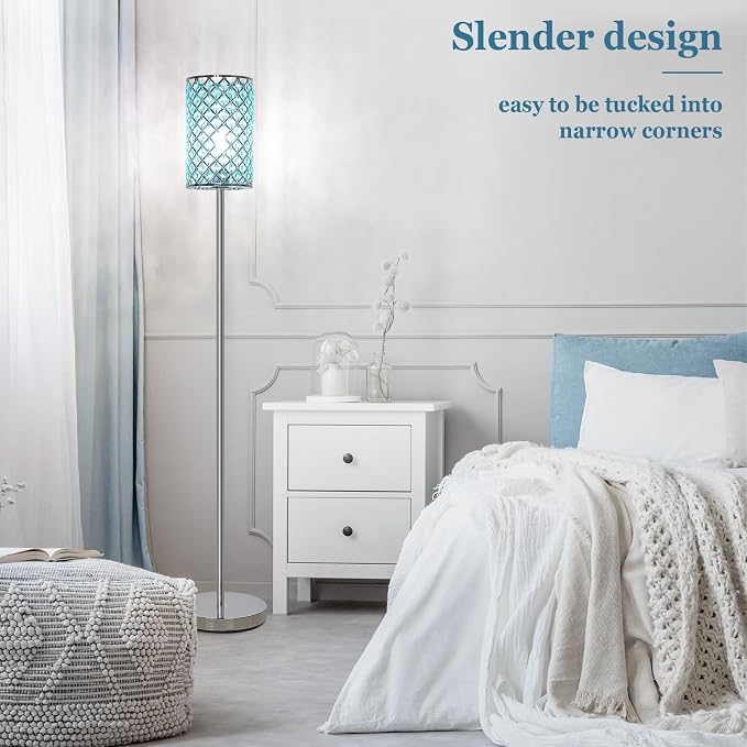 Crystal Floor Lamp, Silver Tall Pole Lamp with Teal Shade and Pedal Switch | Elegant Standing Light, Tall Pole Girls Lamp for Living Room Bedroom Dresser Office, E26 Base