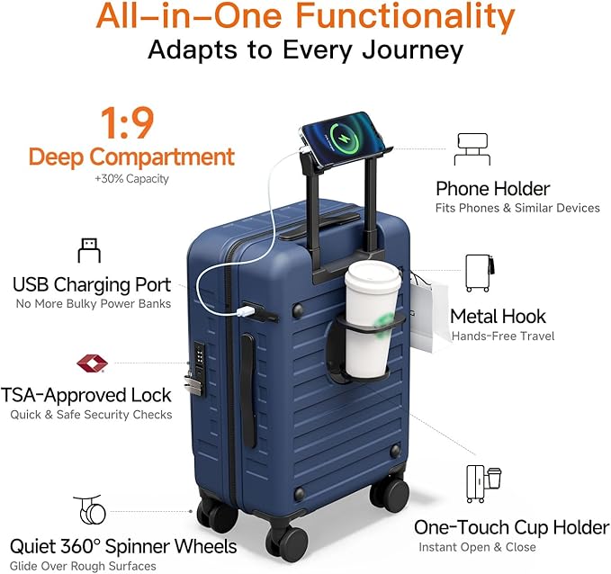 Expandable Lightweight PC Hard Shell Suitcase, 20-inch Luggage with TSA Lock, Top Opening & Cup Holder - Ideal for Business Travel Suitcase (Blue, Carry-on 20-Inch)
