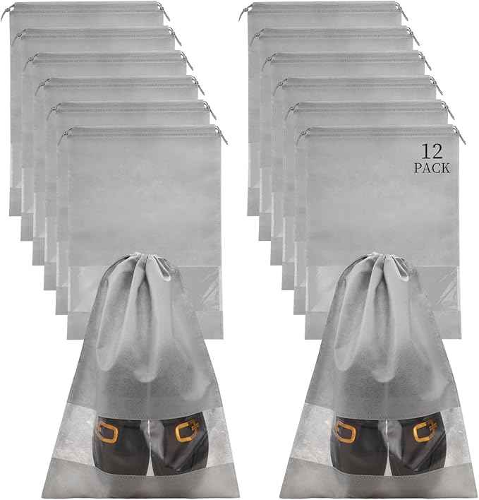 12 Pcs Portable Travel Shoe Bags, 17.3 x 12.6 Inches Waterproof Non-Woven Shoe Organizers Storage Bags, Large Drawstring Shoes Pouch Packing Organizers with Rope for Men, Women, Children (Grey)