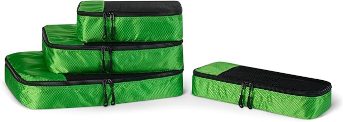 Amazon Essentials 4-Piece Packing Cubes Travel Accessories Set, Luggage Organizer with Double Zipper, Mesh Top, Space-Saving for Suitcases, Small/Medium/Large/Slim, Green (Previously Amazon Basics)