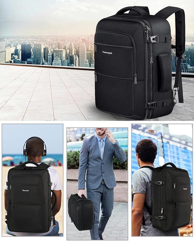 Vancropak Carry On Backpack, 45L Expandable Extra Large Travel Backpack, Flight Approved Water Resistant Luggage Suitcase Daypack, Lightweight Business Overnight Weekender Bag for Men & Women, Black