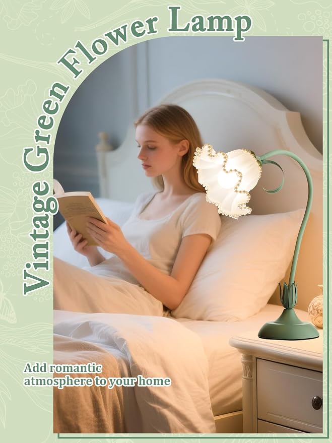 Flower Table Lamp, LED Reading Light Vintage Night light (Green Pearls) | 3 Colors Modes Kawaii Bedside Lamps Decor,Living Room Bedroom Room Lighting Table Lamps Home Decoration