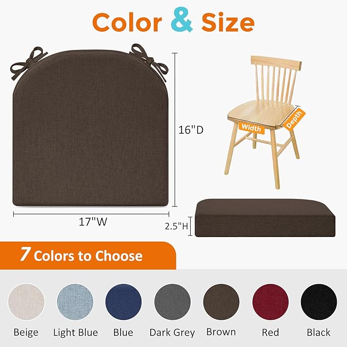 downluxe Chair Cushions for Dining Chairs, Memory Foam Linen Kitchen Chair Pads with Ties, Waterproof, Stain-Resistant and Washable Cover, 17" x 16" x 2.5", Brown, 6 Pack