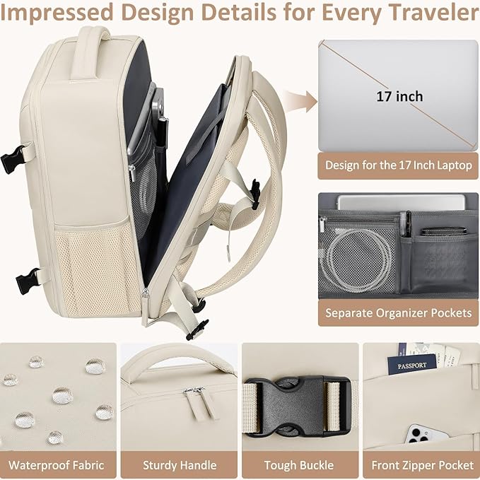 Large Travel Backpack for Women Personal Item for Airlines17 Inch Laptop Backpack College Business Work Weekender Hiking Travel Essentials Womens Travel Backpack Beige