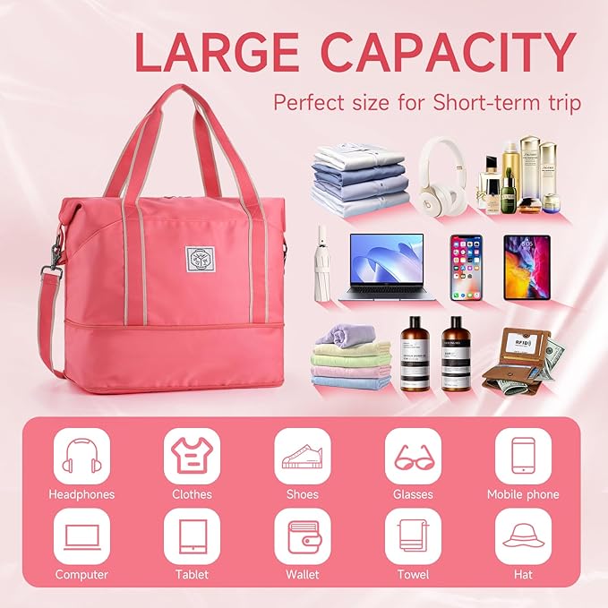 WALNEW Travel Duffel Bag, Weekender Overnight Carry On Bag for Women Men, Foldable Waterproof Gym Luggage Duffle Bag with Metal Buckle Detachable Shoulder Strap and Wet Compartment (living Coral)