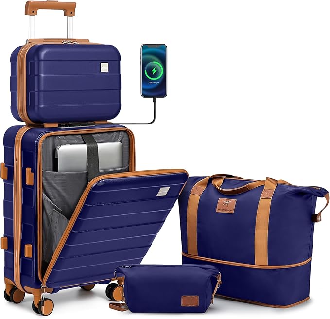 imiomo Carry on Luggage Airline Approved with Front Pocket and USB Port, Hard Shell 20 Inch Travel Carry-on Suitcase with Spinner Wheels and TSA Lock, Navy Brown