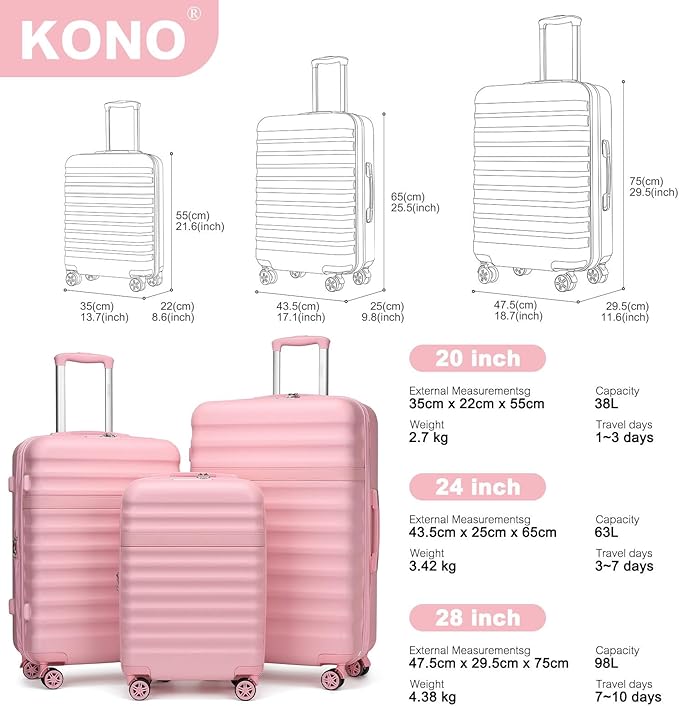 Kono Expandable 28 Inch Large Checked Luggage: ABS+PC Hardside Trolley Travel Case - Hard Shell Suitcase with TSA Lock, Pink