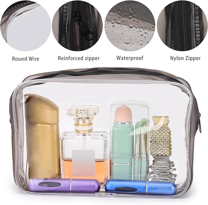 Tbestmax 10 Pcs Clear Cosmetic Bags Makeup Bags Portable Waterproof Travel Toiletry Bags Medium Organizer Matte Black, 7.5"x 4.8"x 2.3"