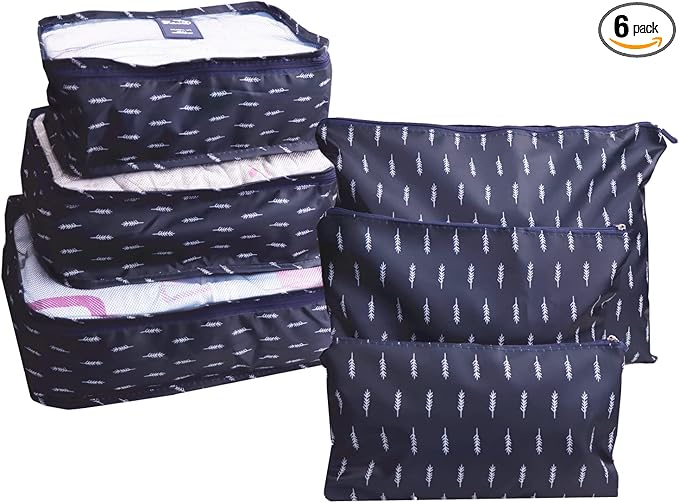 6 PCS Travel Suitcase Organizer Bags, Travel Organizer Packing Cubes Set Laundry Bags, Travel Clothes Storage Bag, Packing Organizer Compression Pouches for Traveller(Navy Blue Feather)