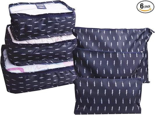 6 PCS Travel Suitcase Organizer Bags, Travel Organizer Packing Cubes Set Laundry Bags, Travel Clothes Storage Bag, Packing Organizer Compression Pouches for Traveller(Navy Blue Feather)