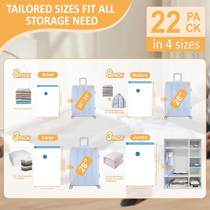 Cozy Essential Travel Vacuum Storage Bags with Rechargeable Cordless Electric Pump, Space Saver Bags for Luggage, Suitcase, Carry-On, for Clothes, Blankets, Comforters, Pillows, 22 Combo