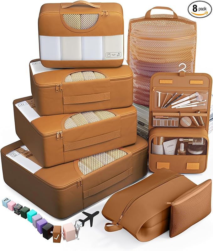 Veken 8 Set Packing Cubes for Travel Essentials, Suitcase Organizer Bags in 4 Sizes, Carry-On Luggage Accessories with Large Laundry & Hanging Toiletry Bag, Must-Have for Airplane, Road Trip & Camping
