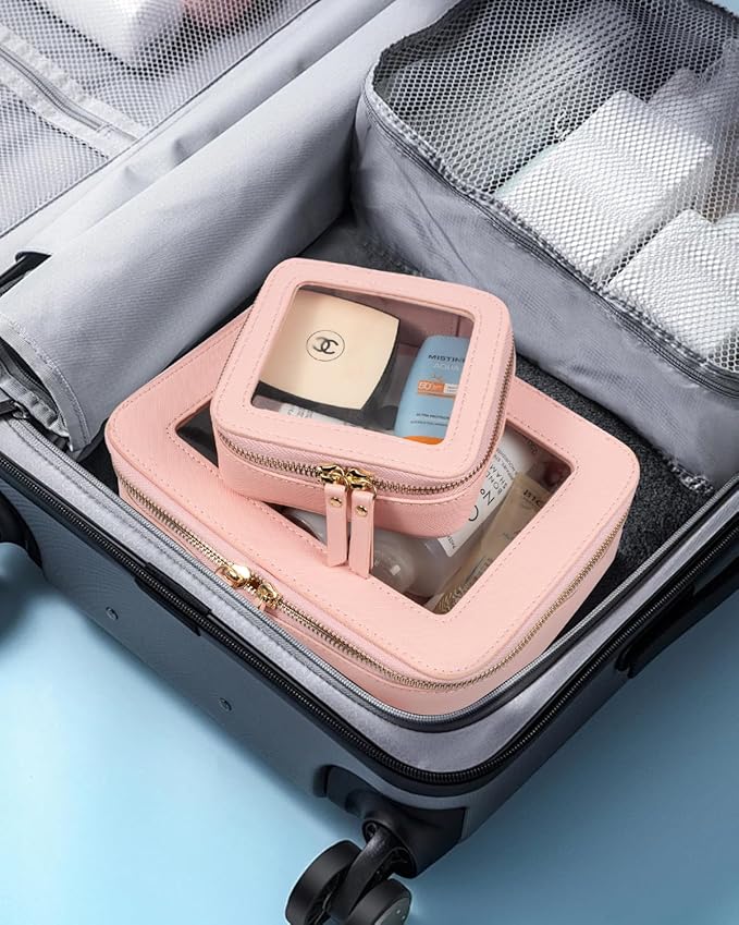 LETGO Clear Makeup Bags Set - TSA Approved Toiletry Bag with Handle Large Opening, Clear Toiletry Bags Case Pouch for Traveling Travel Car Orangizer Storage Essentials (Mini+Large Pink)