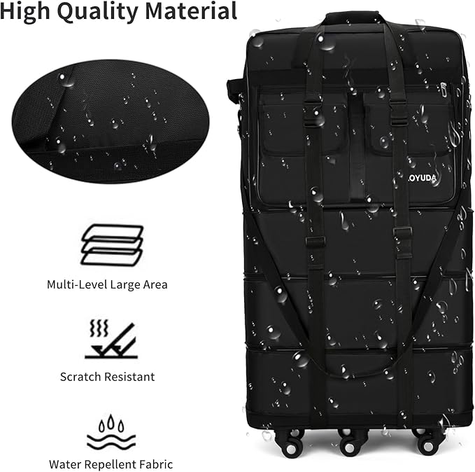 130L Expandable Luggage, 40 Inch Suitcase with Wheels, Collapsible Luggage with Wheels, Rolling Duffle Bag with wheels, Foldable Suitcasewith2Handle Wrap 2Fixing Straps 1Shoulder Strap (Black)