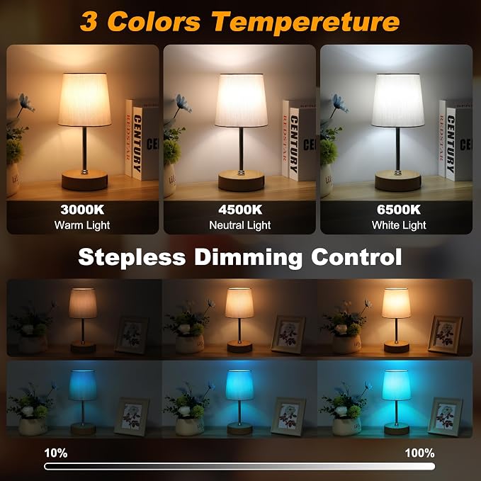 Ascher Small Bedside Table lamp Set of 2, RGB Color Changing Lamps, 3 Color Temperatures, Stepless Dimmable, Nightstand Lamp with USB C+A Ports for Bedroom Living Room, (Grey Shade, Wood Grain Base)