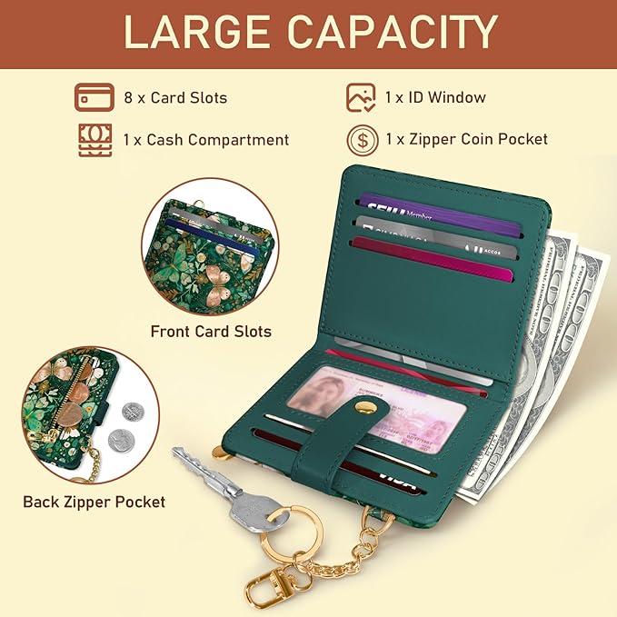 Jogjam Butterfly Green Rfid Women Wallet, Small Slim Thin Compact Credit Card Wallet, PU Leather Bifold Cash Wallet, Zipper Coin Pocket ID Window, Female Ladies Girl Gifts