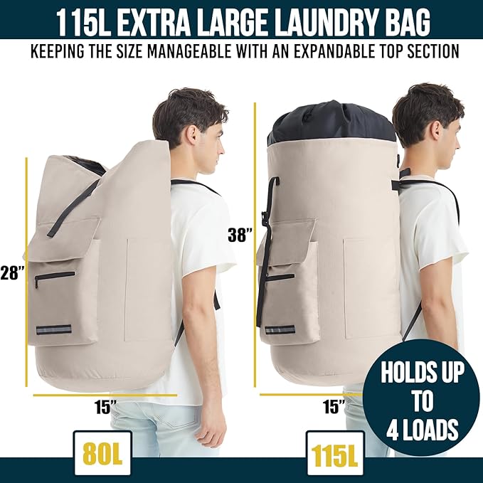 Laundry Bag Extra Large 115l, Heavy Duty Laundry Backpack, College Laundry Bag with Straps, Backpack Laundry Bags with 4 Pockets, Dorm Essential, Laundry Bags for Dorm Room, Apartment, Laundromat