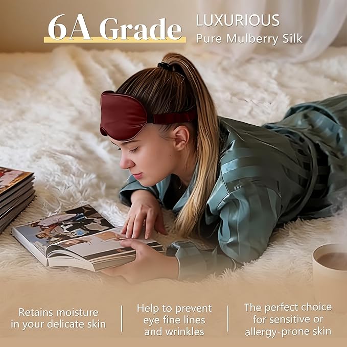 ZIMASILK Adjustable 22 Momme 100% Pure Mulberry Silk Sleep Mask, 3D Contoured Cup Eye Mask for Sleeping, Super Soft Breathable Blindfold, Perfect Blocks Light for Sleeping (Burgundy)