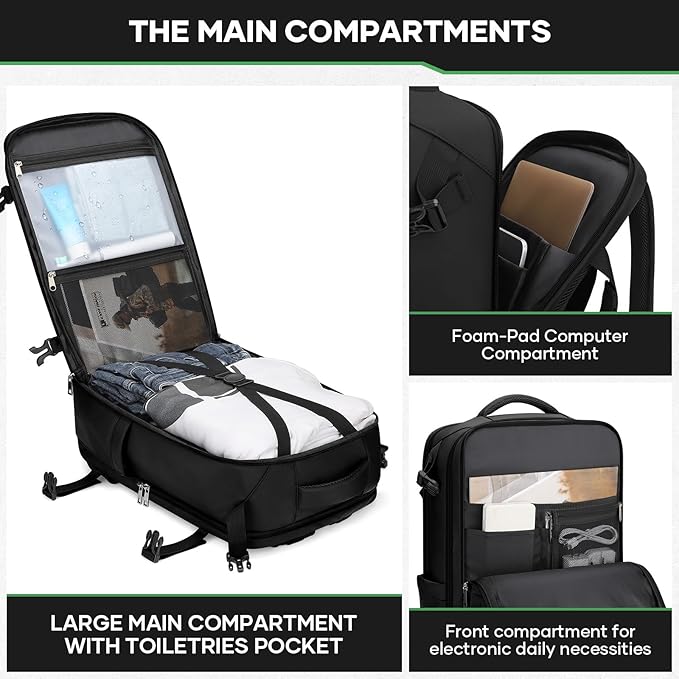 Maelstrom Travel Backpack for Men Women, 35L Carry on Backpack for Traveling on Airplane,with Belt Bag&Shoe Compartment,Waterproof Laptop Backpack fit 17”Laptop-Classic Black, Large
